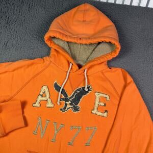 Vintage Y2K American Eagle Hoodie Mens M Orange Sherpa Fleece Hood Pullover Logo
